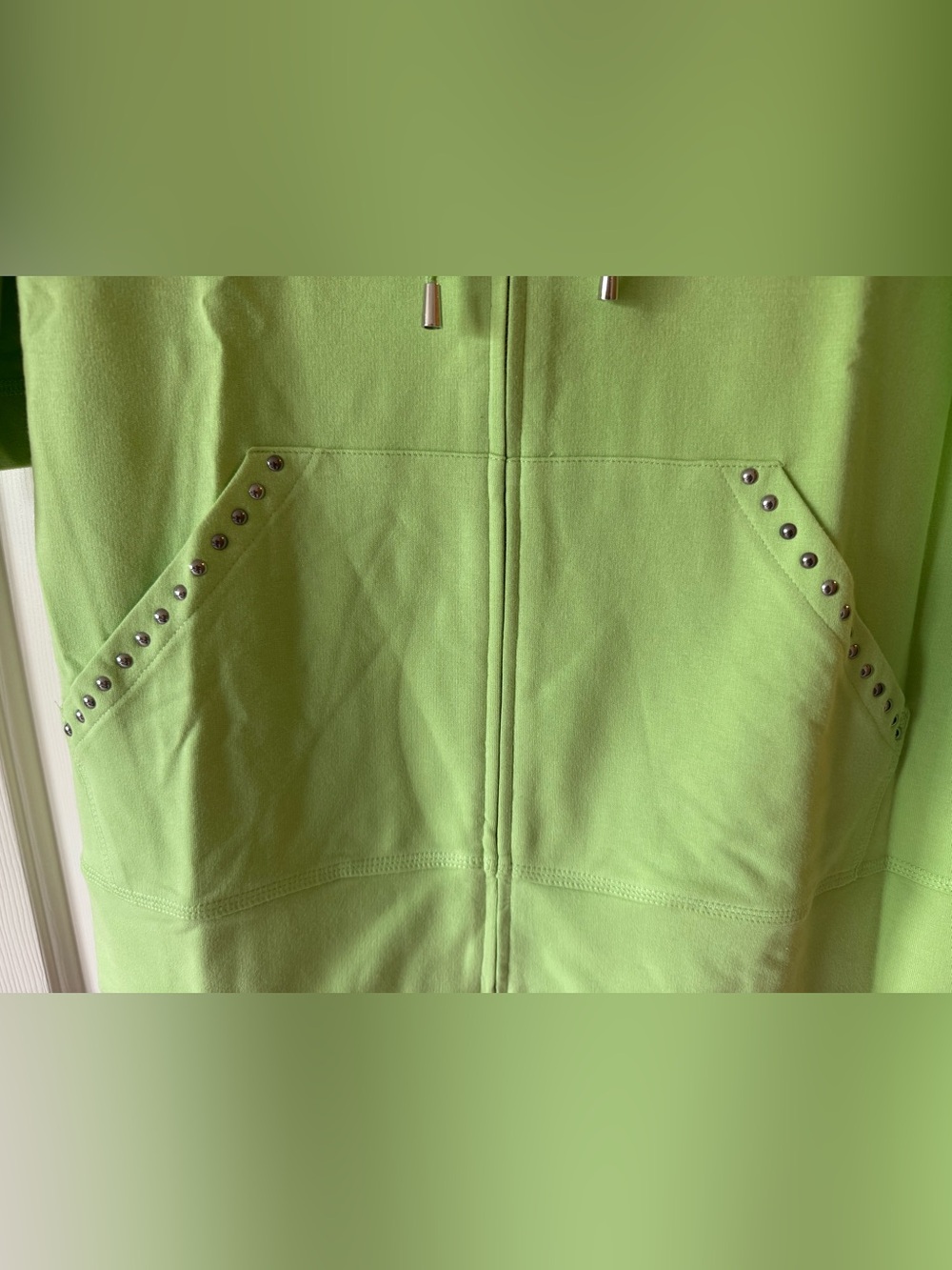 NWT-Christine Alexander Lime Green Zip Hoodie with Stud Accents-Size Large - Picture 3 of 10